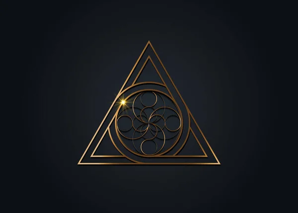 文字Aと文字O 黄金のロゴデザイン 三角形に刻まれた円の神聖な幾何学的図形 黒の背景に隔離された金の花ベクトル神話のシンボルのラウンド三角形 — ストックベクタ