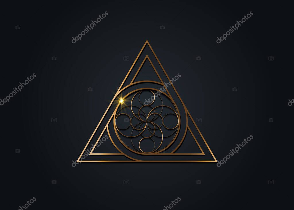 Letter A and Letter O, golden logo design, sacred geometrical figure of a circle inscribed in a triangle, gold flower vector mythological symbol round triangle, isolated on black background
