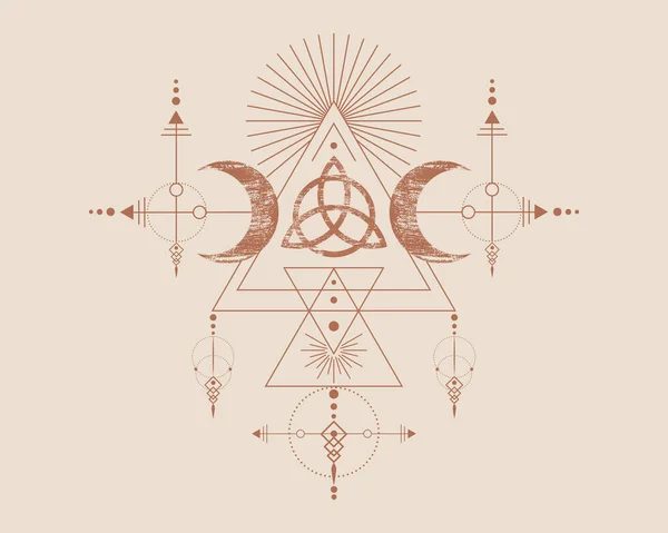 Drievoudige Godin Triquetra Heilige Geometrie Tribale Driehoeken Maanfasen Shaman Boho — Stockvector
