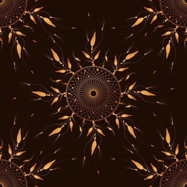 Dreamcatcher Mandala Vzor Ornament Ptačí Peří Slunečnice Zlaté Kulaté Mystické — Stockový vektor