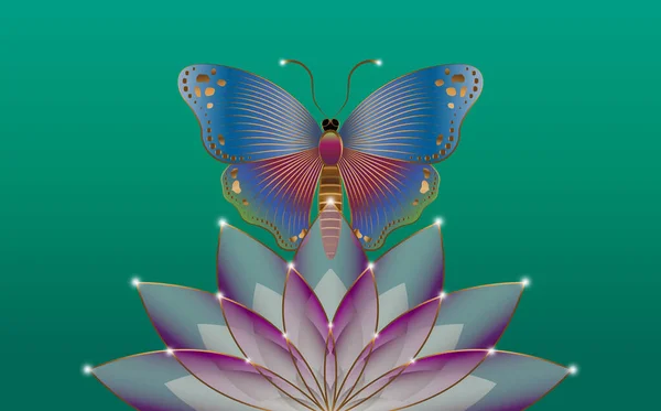 Heilige Lotusblume Und Mystische Schmetterling Logo Slogan Mit Bunten Schmetterling — Stockvektor