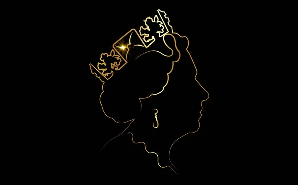 エリザベス女王のサイドプロファイルのラインアートスタイルで黄金の冠のシンボル 女王は金の肖像画に黒の背景に隔離されたベクトル図 — ストックベクタ