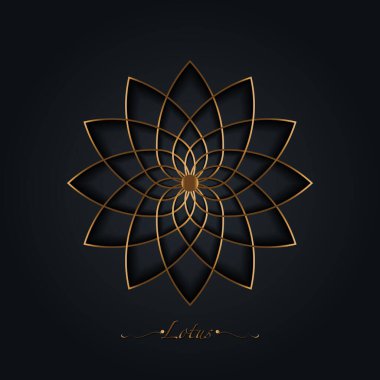 Altın Lotus çiçeği, kutsal geometri mandala stilize dairesel süs, altın çizgili sanat çiçeği logosu. Yoga, spa, güzellik salonu, kozmetik, rahatlama ve marka tarzının çiçek açan sembolleri. Vektör izole edildi
