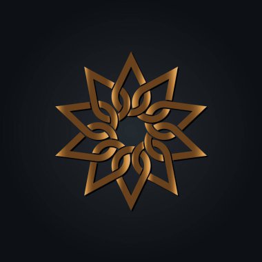 Altın lüks amblem şablon tasarımı, üst üste binen elementler. İslami motif. Altın düğüm. Geometrik desenli mandala, Arap tarzı, siyah arkaplanda izole edilmiş logo. Vektör illüstrasyonu