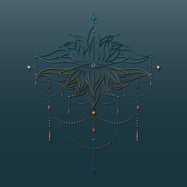 Kutsal Lotus çiçeği, renkli çiçek süsü, çizgi sanat logosu, boho tasarımı. Çiçek açan yoga, spa, güzellik salonu, kozmetik, rahatlama, marka tarzı. Mavi eğimli arkaplanda izole edilmiş vektör