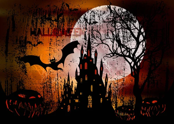 万圣节派对 神秘矢量图解 黑暗橙色背景在一个恐怖的满月与人物形象轮廓和可怕蝙蝠哥特式鬼屋 恐怖主题概念 — 图库矢量图片