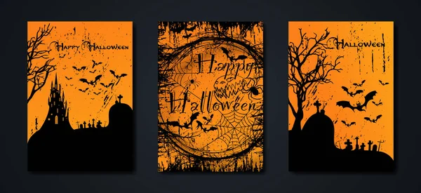 Festa Halloween Set Cards Assustador Fundo Laranja Escuro Silhuetas Personagens — Vetor de Stock