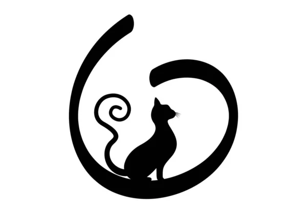 黑猫轮廓与卷曲尾巴 猫科动物圆形标志模板 矢量插图孤立在白色背景 — 图库矢量图片