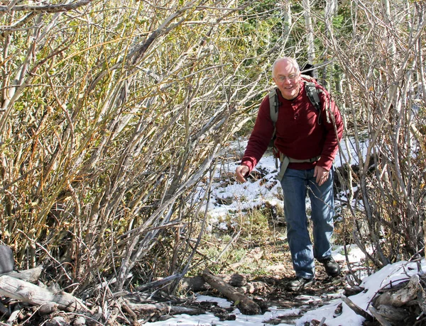 Senior man hiking in snowy trees — Stock Photo, Image