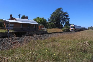 GORDON, AUSTRALYA - 6 Mart 2021: Bir V / Line yolcu treni Gordon tren istasyonuna yaklaşıyor