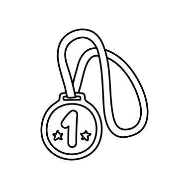 Birincilik madalyası. Spor malzemeleri çizimi. El çizimi taslak ikonu. Vektör siyah ve beyaz freehand fitness çizimi
