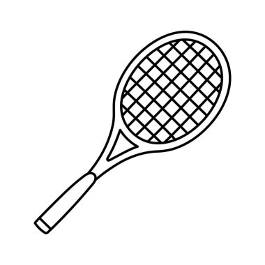 Tenis raketi. Badminton 'da. Spor malzemeleri çizimi. El çizimi taslak ikonu. Vektör siyah ve beyaz freehand fitness çizimi