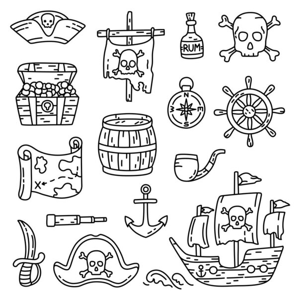 Pirate bundle outline sketch. Hat, flag, ship and skull with bones. Pirate emblem, bottle of rum, compass and treasure chest. Barrel, map, pipe, anchor and dagger. Vector items