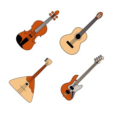 Müzikal enstrüman çizimi. Gitar ve keman, keman ve balalayka