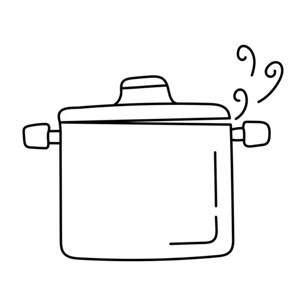 Voedsel Kookt Een Pan Zwart Wit Schets Handgetekende Doodle Vector — Stockvector