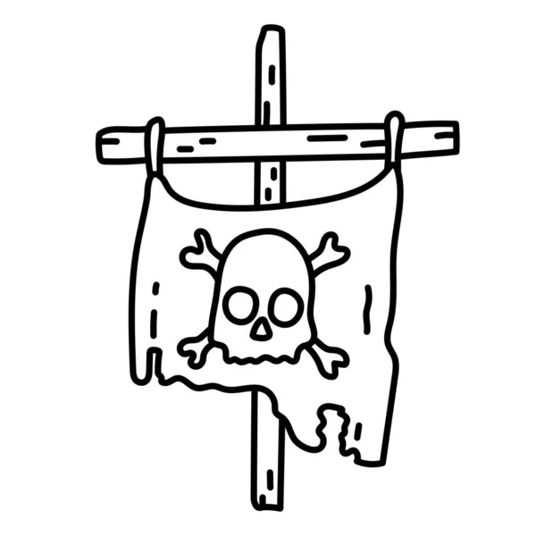 Bandeira Pirata Esboço Cruz Madeira Crânio Com Emblema Ossos Doodle — Vetor de Stock