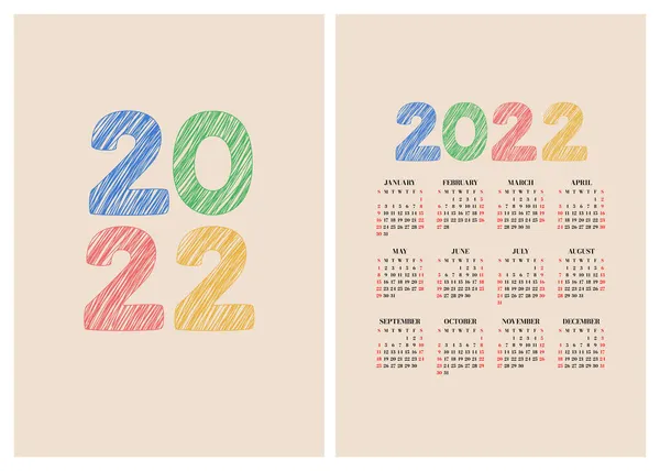 Calendario 2022 Año Vector Inglés Simple Pared Cuadrada Plantilla Calendario — Vector de stock