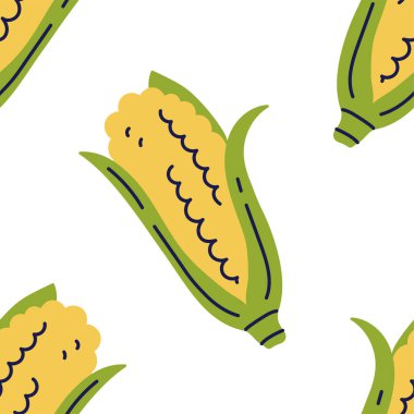 Mısır gevreği. Kusursuz desen. Yapraklı taze meyve. El çizimi vektör çizimi. Doğal yiyecek.