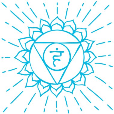 Vishuddha skeci. Beşinci guttural çakra. El yapımı yarım yamalak bir stil. Mavi vektör sembolü. Meditasyon işareti