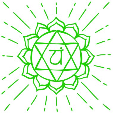 Anahata çizimi. Dördüncü kalp çakrası. El yapımı yarım yamalak bir stil. Vektör yeşil sembol. Meditasyon işareti