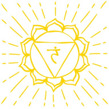 Manipura skeci. Üçüncü güneş çakrası. El yapımı yarım yamalak bir stil. Vektör sarı sembol. Meditasyon işareti