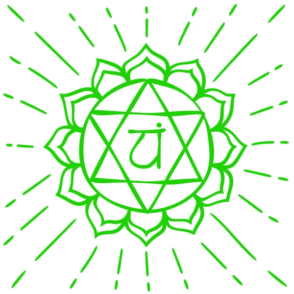 Anahata çizimi. Dördüncü kalp çakrası. El yapımı yarım yamalak bir stil. Vektör yeşil sembol. Meditasyon işareti