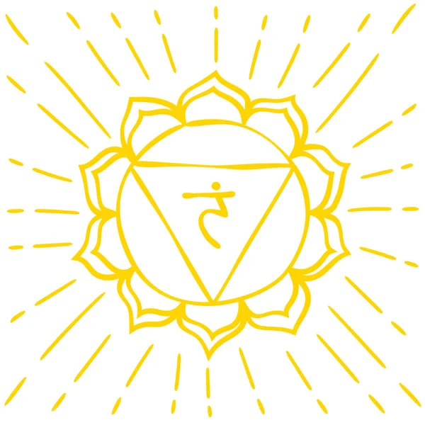 Manipura skeci. Üçüncü güneş çakrası. El yapımı yarım yamalak bir stil. Vektör sarı sembol. Meditasyon işareti