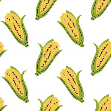 Mısır gevreği. Kusursuz desen. Yapraklı taze meyve. El çizimi vektör çizimi. Doğal yiyecek.