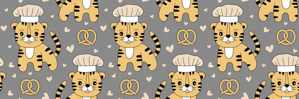 Chef tigre avec un chapeau. Modèle sans couture. Un bretzel et des cœurs. Illustration de dessin animé. Nouvel an chinois 2022 horoscope. Vecteur de couleur symbole animal. — Image vectorielle