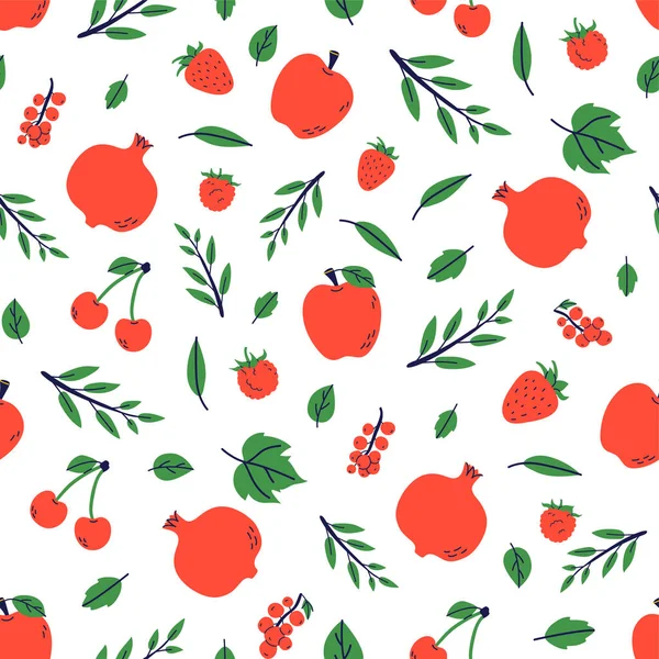 Frutas Bagas Sem Costura Padrão Garnet Morango Maçã Ilustração Cores —  Vetores de Stock