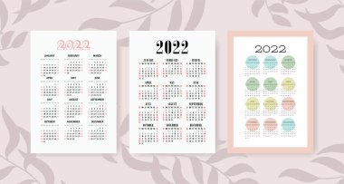 Takvim 2022, ayarlandı. Vektör şablonu koleksiyonu. Grafik tasarımı. Hafta pazar günü başlıyor. Ocak, Şubat, Mart ve Nisan, Mayıs, Haziran ve Temmuz, Ağustos, Eylül ve Ekim, Kasım ve Aralık.