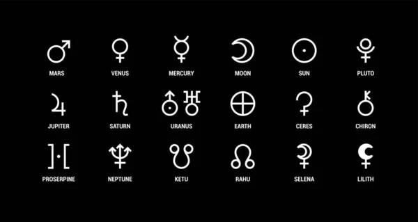 Symbole Planète Signe Vectoriel Blanc Sur Noir Mars Venus Mercure — Image vectorielle