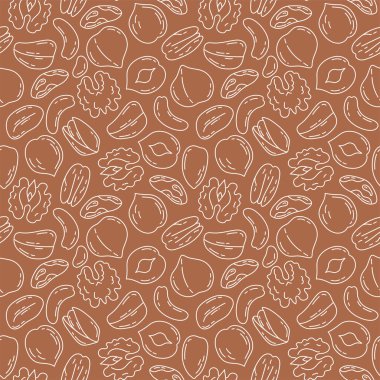 Fındık deseni. Doodle vektör gıda çizimi ayarlandı. Ceviz, fındık, badem ve macadamia. Fıstık, fındık, fındık, fıstık, fındık ve ceviz.