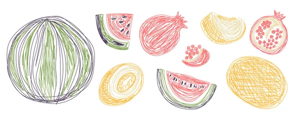 Melancia, granada e melão. Pacotes de fruta. Ilustração vetorial desenhada à mão. Esboço de caneta ou marcador. Linhas de silhuetas de arte. Desenho de contorno — Vetor de Stock