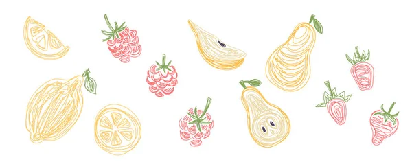 Limão, framboesa, pêra e morango. Pacotes de fruta. Ilustração vetorial desenhada à mão. Esboço de caneta ou marcador — Vetor de Stock