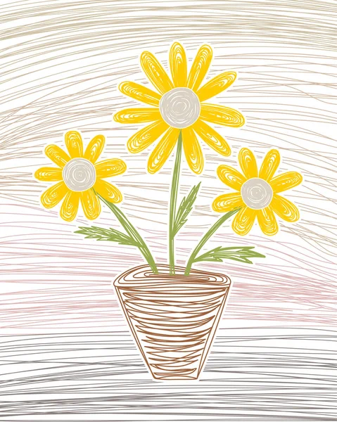 Gelbe Kamille. Gänseblümchen in einer Vase. Handgezeichnete Vektorillustration. Farbstift, Stift oder Marker-Doodle-Skizze Stockvektor