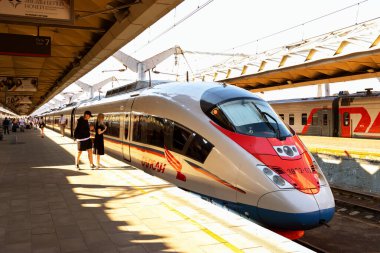 Sapsan treni Moskova 'daki istasyonun platformunda duruyor.