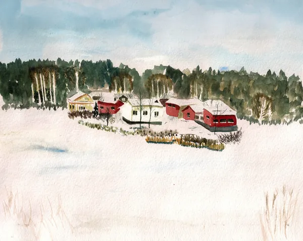 Finsko vesnice akvarel — Stock fotografie