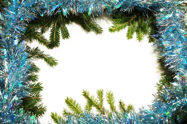 Fir tree frame with light blue tinsel — Stock Photo, Image