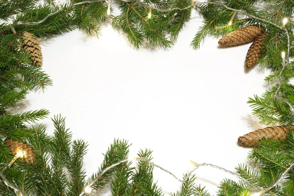 Árbol de abeto, conos y marco de guirnalda para el diseño de año nuevo. — Foto de Stock