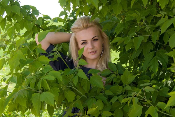 Beautiful girl peeks out from the bushes — Stock Photo, Image