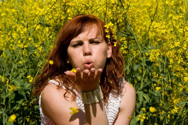 Pretty girl blows away hands of flowers — Stock Photo, Image