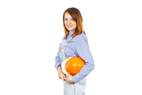 Construção menina bonita em um capacete — Fotografia de Stock