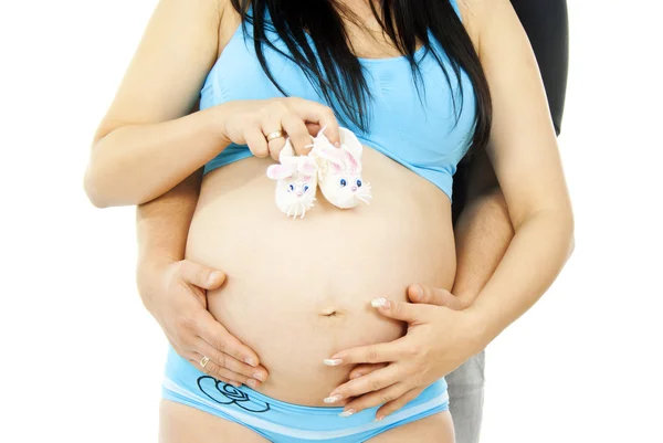 Grávidas meninas da barriga com botas — Fotografia de Stock