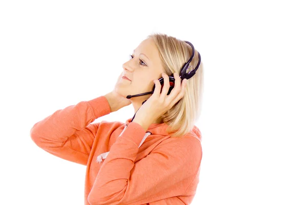 Menina alegre ouvindo a música — Fotografia de Stock