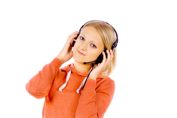 Los auriculares de la muchacha colgando en el cuello —  Fotos de Stock