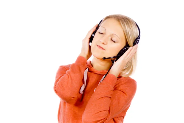 The girl headphones hanging on the neck — Stock Photo, Image