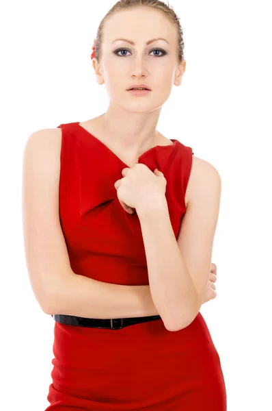 Beautiful the girl in red dress holding a Apple — Stock Photo, Image