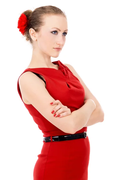 Beautiful the girl in the red dress posing, standing — Stock Photo, Image