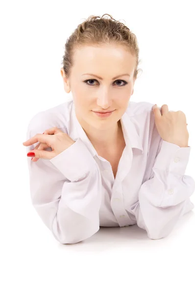 Young the girl dressed in a white shirt posing — Stock Photo, Image